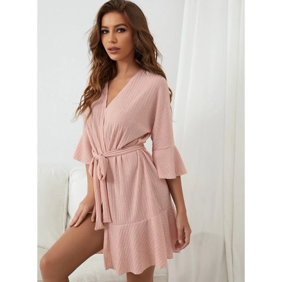 Blush Pink Ribbed Ruffle Sleeve & Hem Robe - Picture 6 of 8